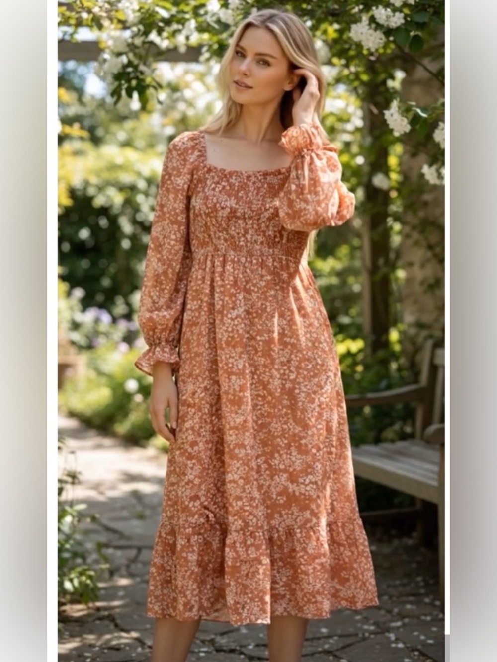 Floral Long Sleeve Dress orange peach and cream Midi bohemian NWT cottagecore L
